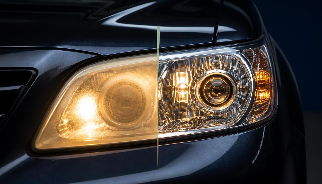 Cloudy yellowed headlight lens beside a crystal clear restored lens